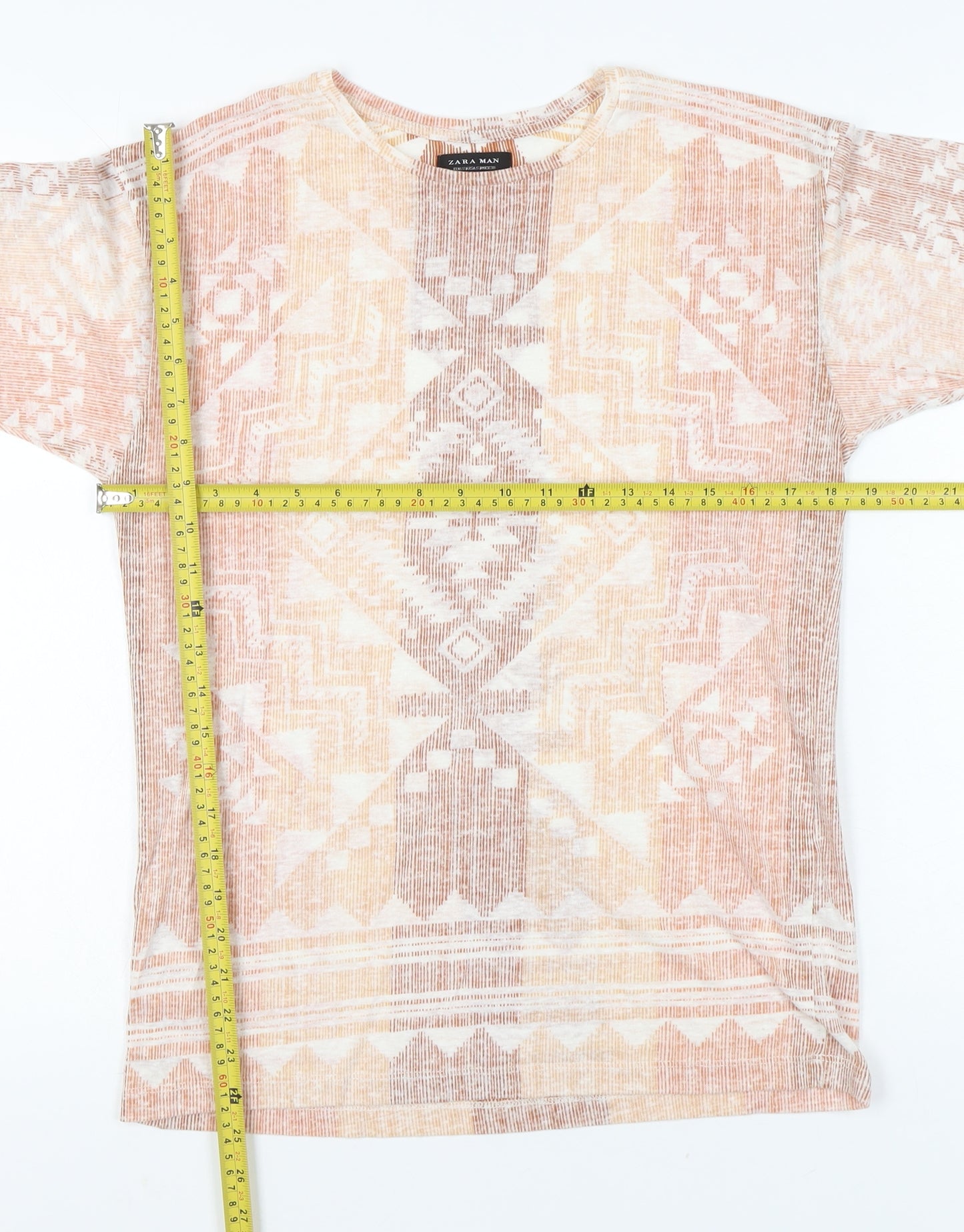 Zara Man Men’s Beige Aztec Print Linen Blend T-Shirt Size S