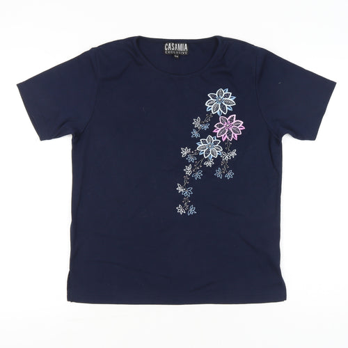 Casamia Women’s Blue Embroidered Floral T-Shirt S Short Sleeve