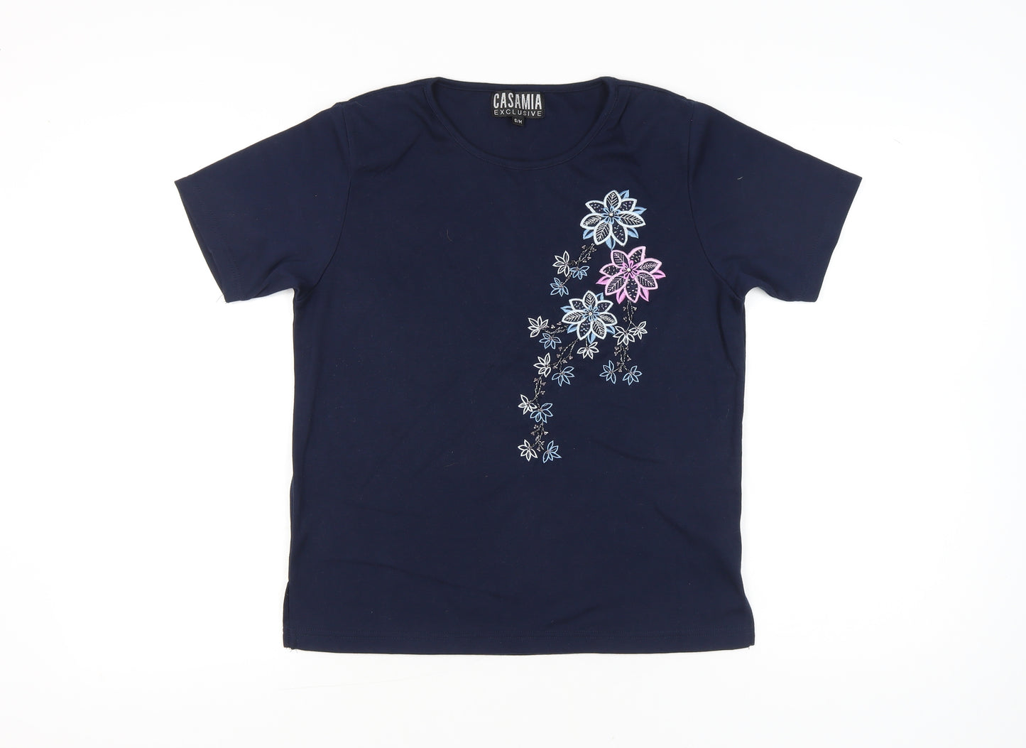 Casamia Women’s Blue Embroidered Floral T-Shirt S Short Sleeve