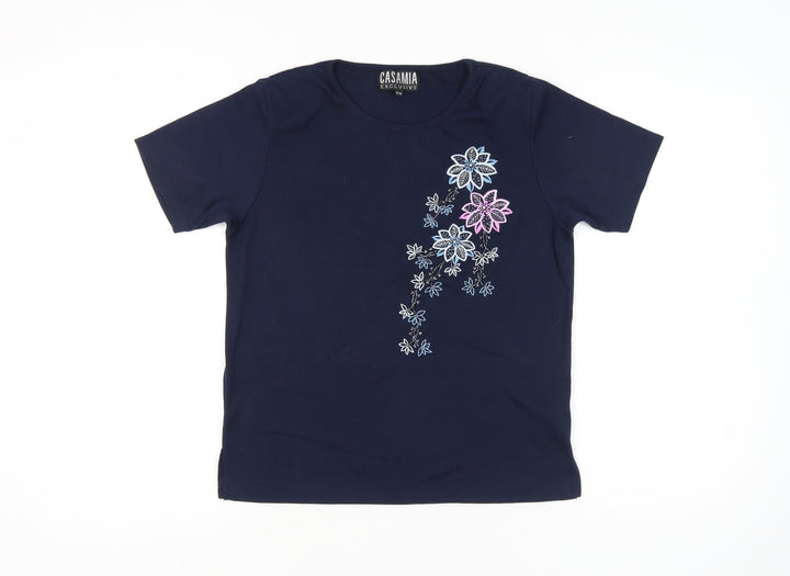 Casamia Women’s Blue Embroidered Floral T-Shirt S Short Sleeve