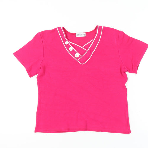 Kate Lilly Womens Pink T-Shirt Size 14 V-Neck Button Detail