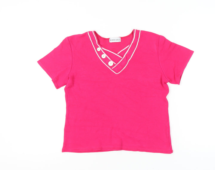 Kate Lilly Womens Pink T-Shirt Size 14 V-Neck Button Detail