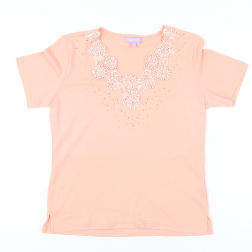Paramour Womens Pink Scoop Neck Beaded Short Sleeve T-Shirt Size S
