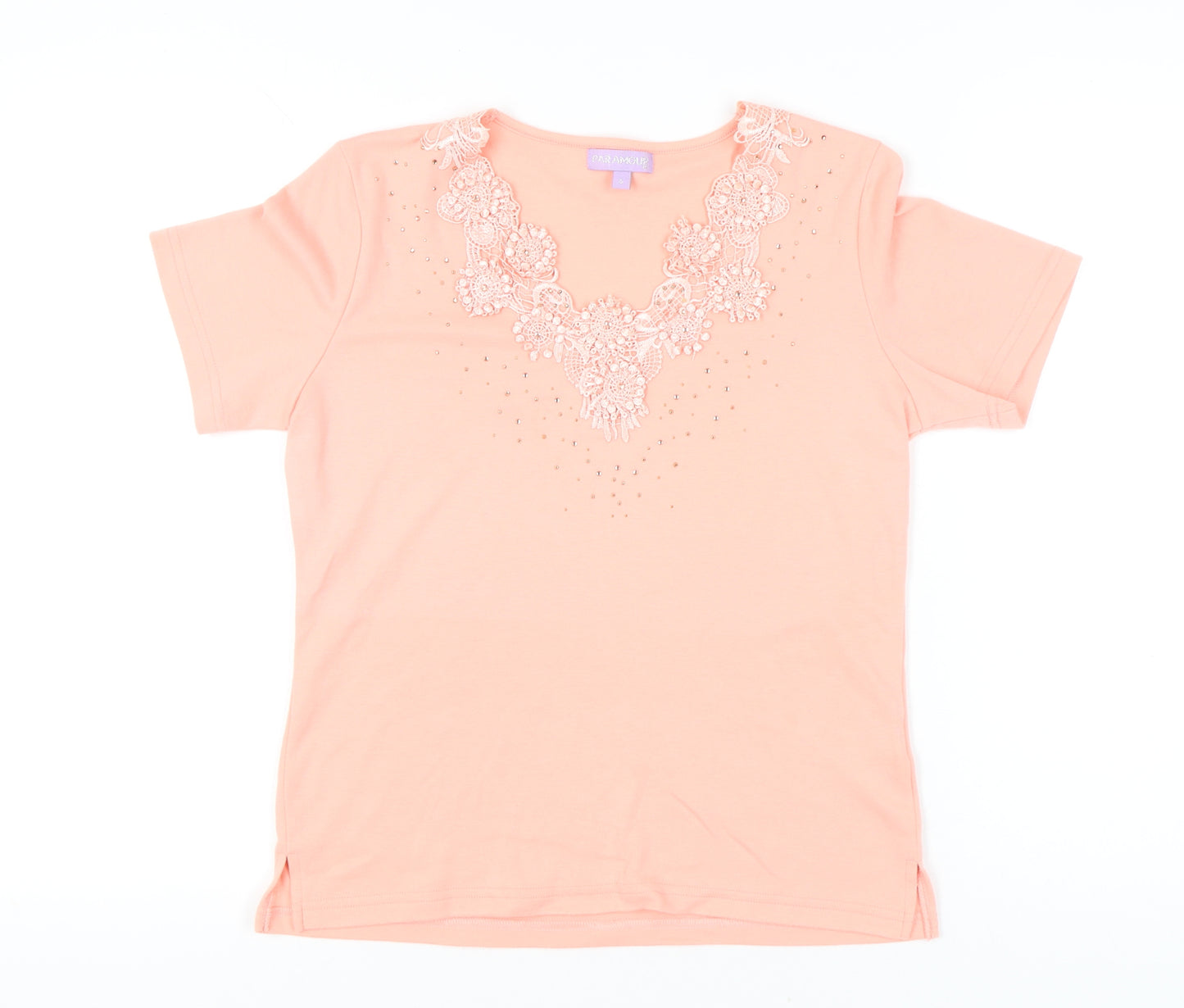 Paramour Womens Pink Scoop Neck Beaded Short Sleeve T-Shirt Size S