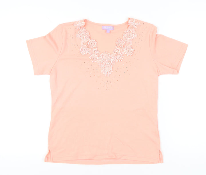 Paramour Womens Pink Scoop Neck Beaded Short Sleeve T-Shirt Size S