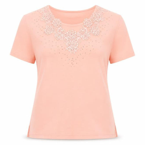 Paramour Womens Pink Scoop Neck Beaded Short Sleeve T-Shirt Size S
