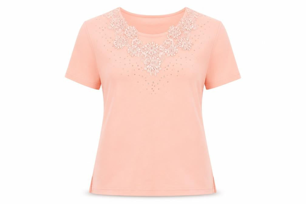 Paramour Womens Pink Scoop Neck Beaded Short Sleeve T-Shirt Size S