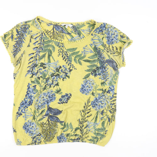 Next Womens Yellow Floral T-Shirt Size 16 Cotton Short Sleeve