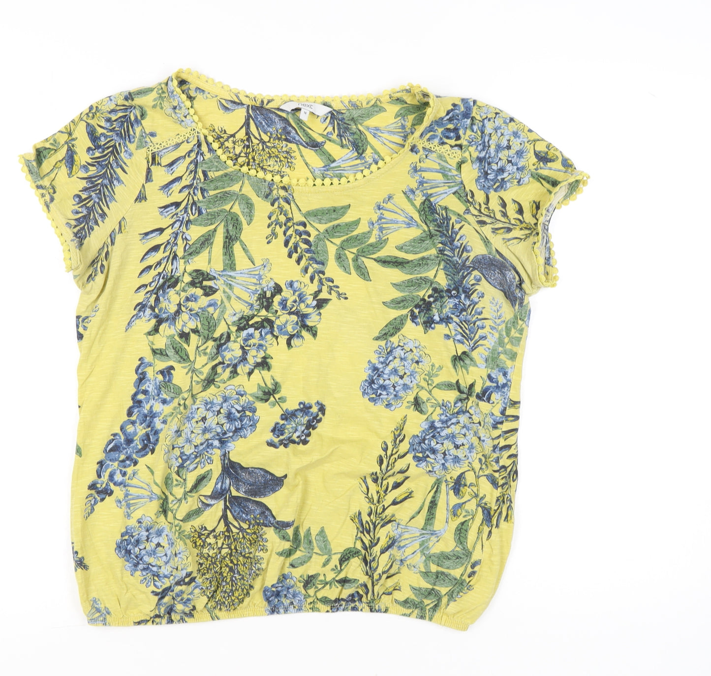 Next Womens Yellow Floral T-Shirt Size 16 Cotton Short Sleeve