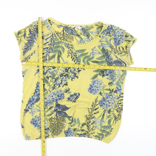 Next Womens Yellow Floral T-Shirt Size 16 Cotton Short Sleeve