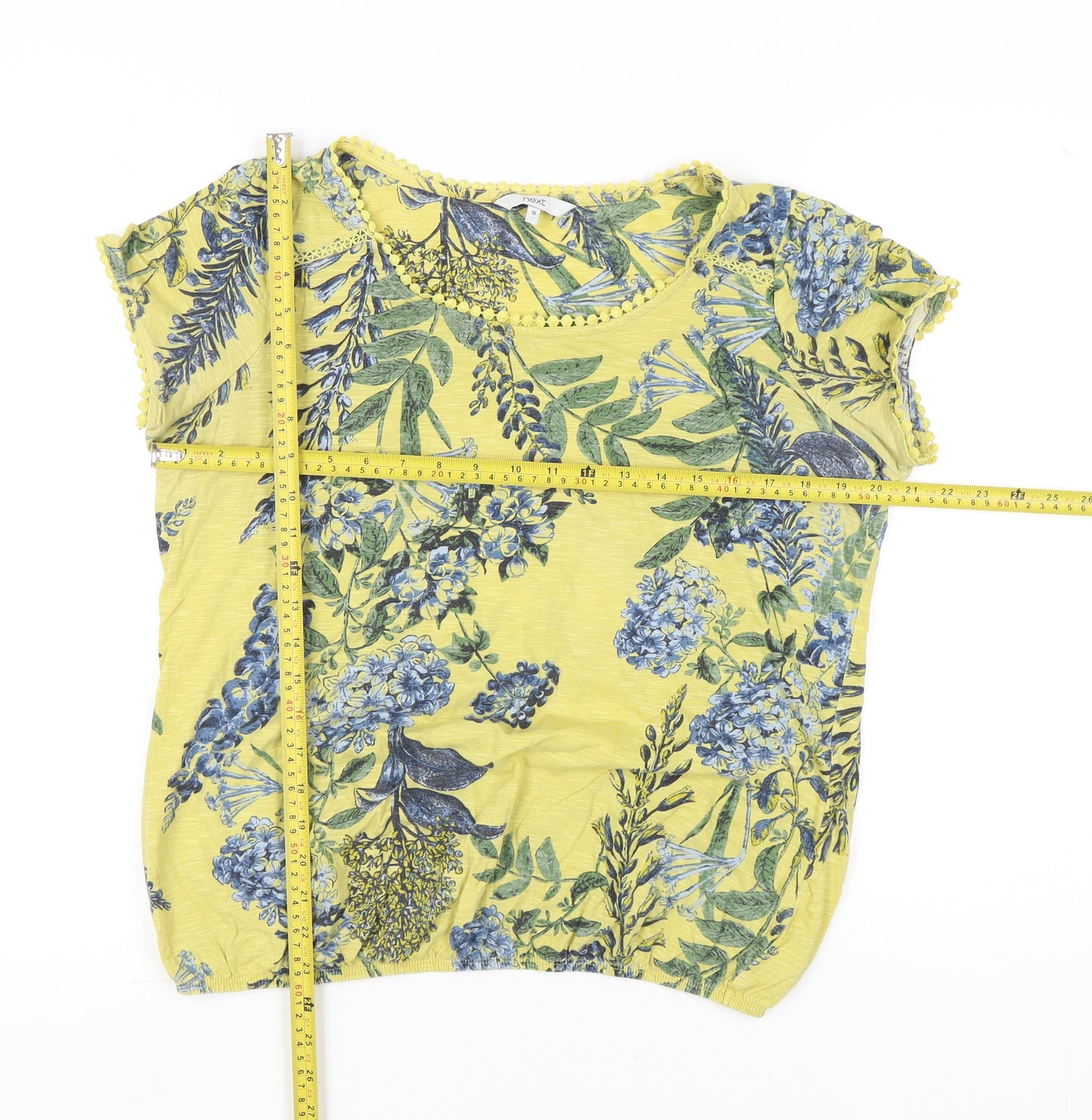 Next Womens Yellow Floral T-Shirt Size 16 Cotton Short Sleeve