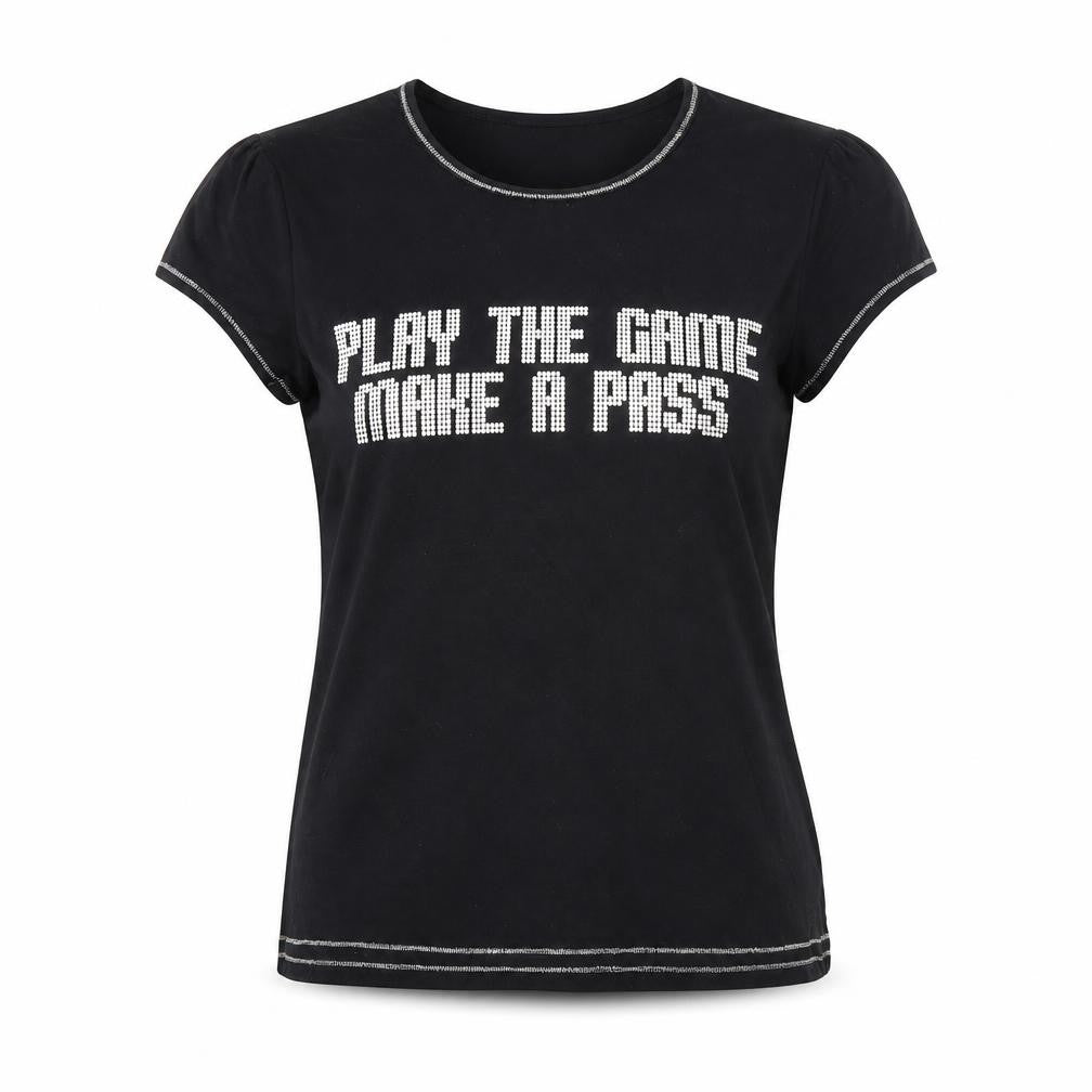 Next Petite Womens Black Size 12 Rhinestone Slogan T-Shirt
