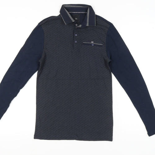 River Island Men's Blue Long Sleeve Polo Shirt XS Geometric Cotton