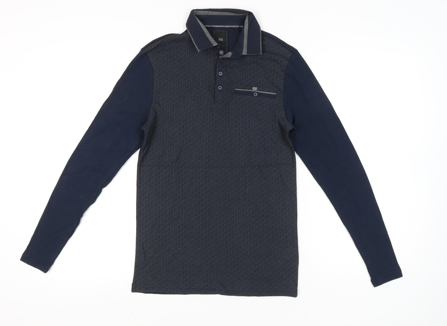 River Island Men's Blue Long Sleeve Polo Shirt XS Geometric Cotton