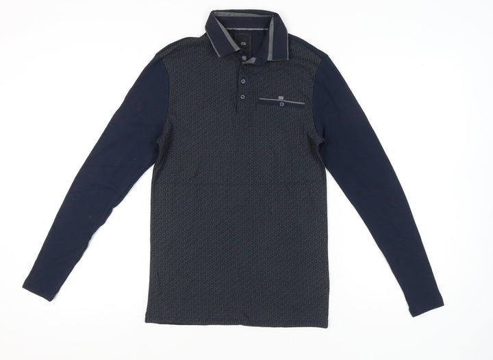 River Island Men's Blue Long Sleeve Polo Shirt XS Geometric Cotton
