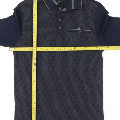 River Island Men's Blue Long Sleeve Polo Shirt XS Geometric Cotton
