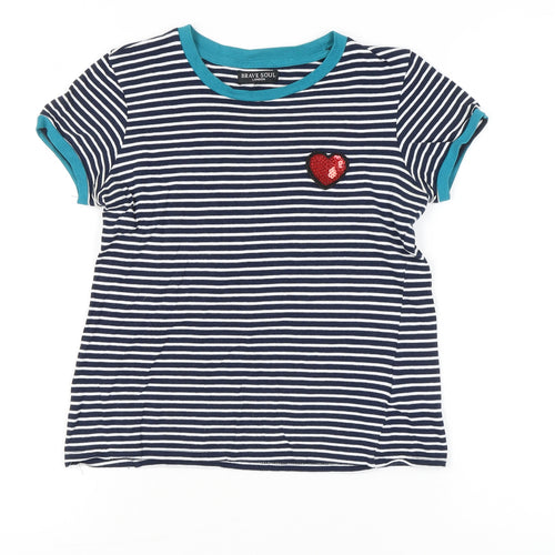Brave Soul Women’s XS Blue Striped Sequin Heart Cotton T-Shirt