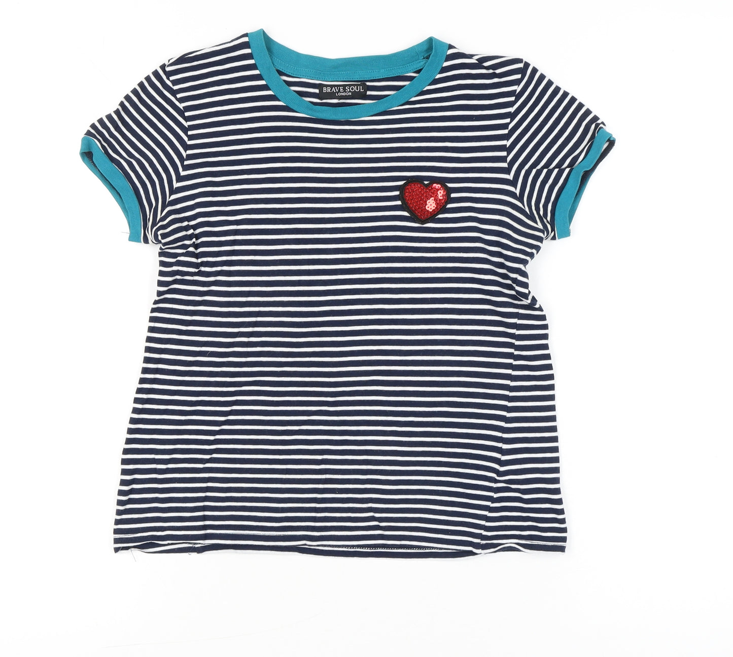 Brave Soul Women’s XS Blue Striped Sequin Heart Cotton T-Shirt