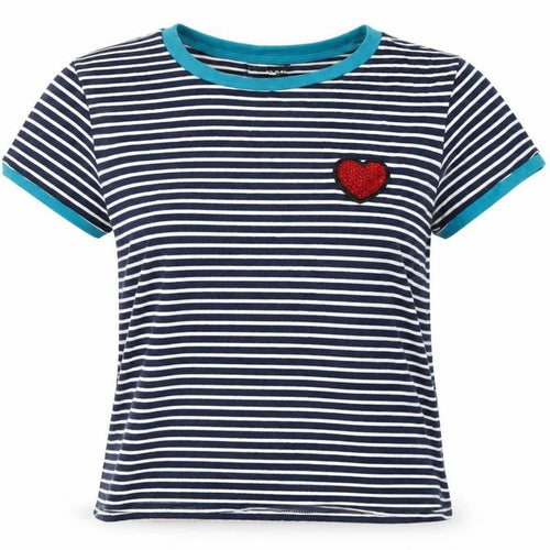 Brave Soul Women’s XS Blue Striped Sequin Heart Cotton T-Shirt