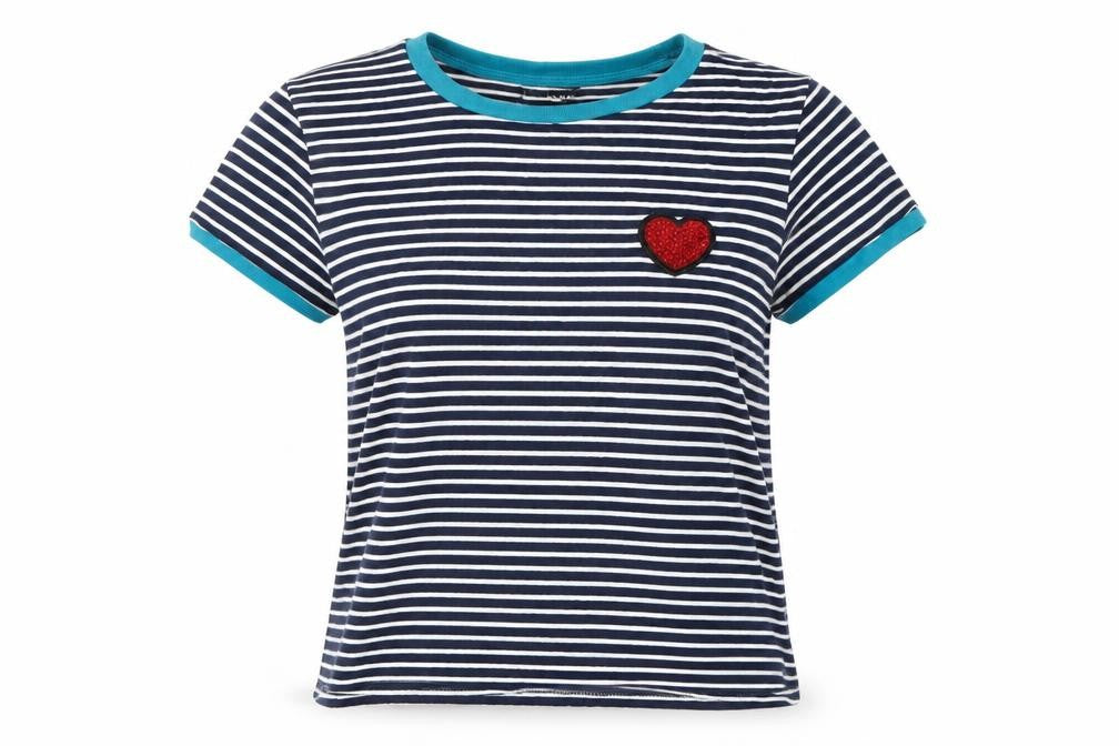 Brave Soul Women’s XS Blue Striped Sequin Heart Cotton T-Shirt