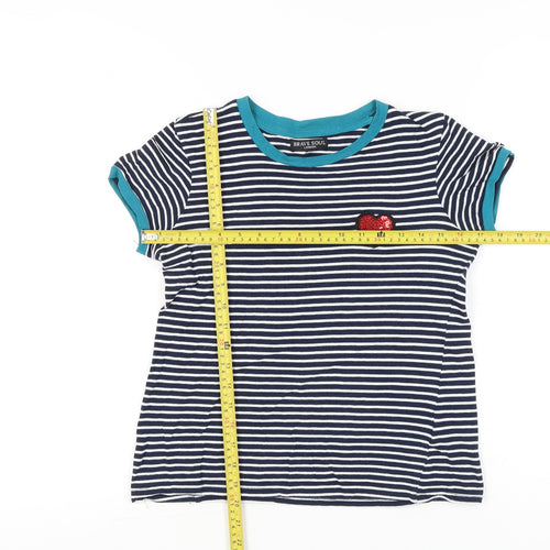 Brave Soul Women’s XS Blue Striped Sequin Heart Cotton T-Shirt