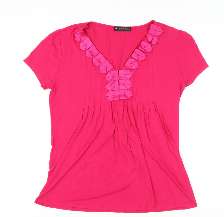 Just Elegance Womens Pink Size 16 V-Neck Short Sleeve Ruffle T-Shirt