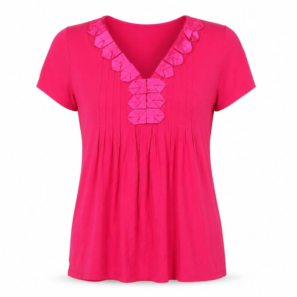 Just Elegance Womens Pink Size 16 V-Neck Short Sleeve Ruffle T-Shirt