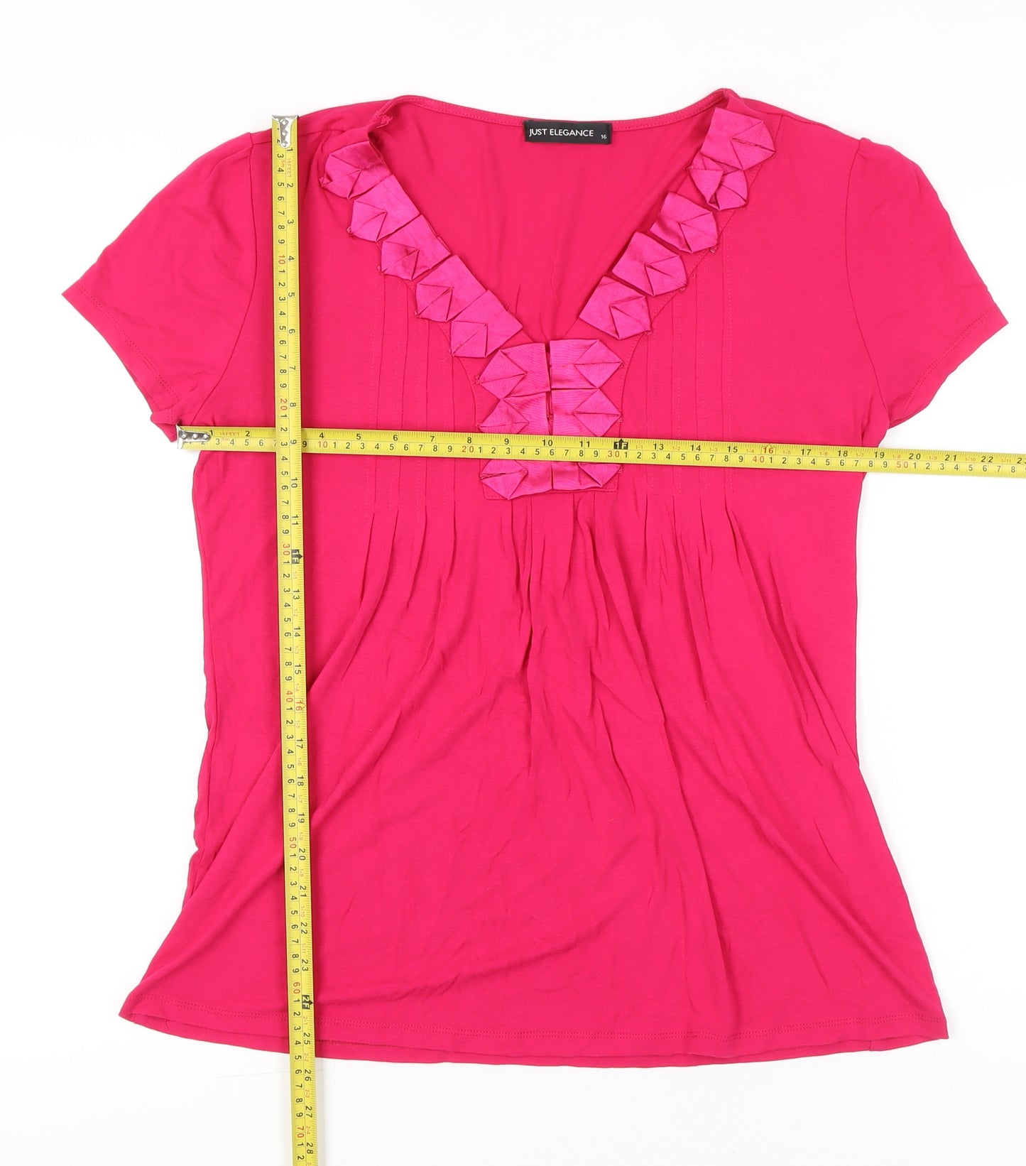 Just Elegance Womens Pink Size 16 V-Neck Short Sleeve Ruffle T-Shirt