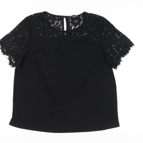 New Look Women Black Lace Tunic Blouse UK 14 Round Neck Short Sleeve