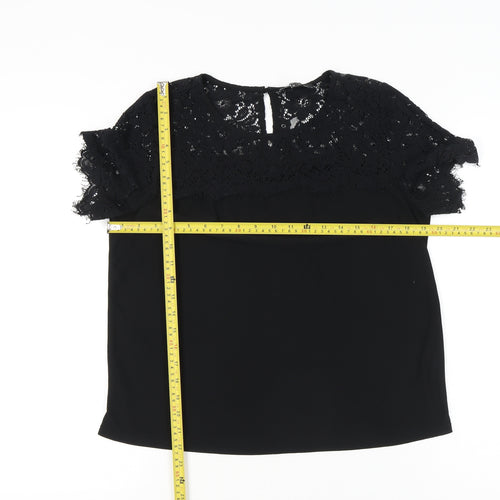 New Look Women Black Lace Tunic Blouse UK 14 Round Neck Short Sleeve