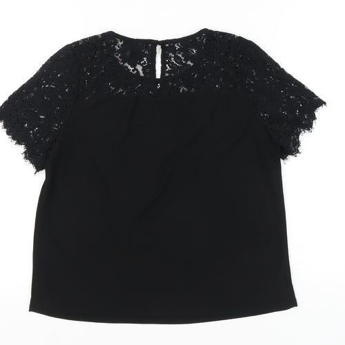 New Look Women Black Lace Tunic Blouse UK 14 Round Neck Short Sleeve