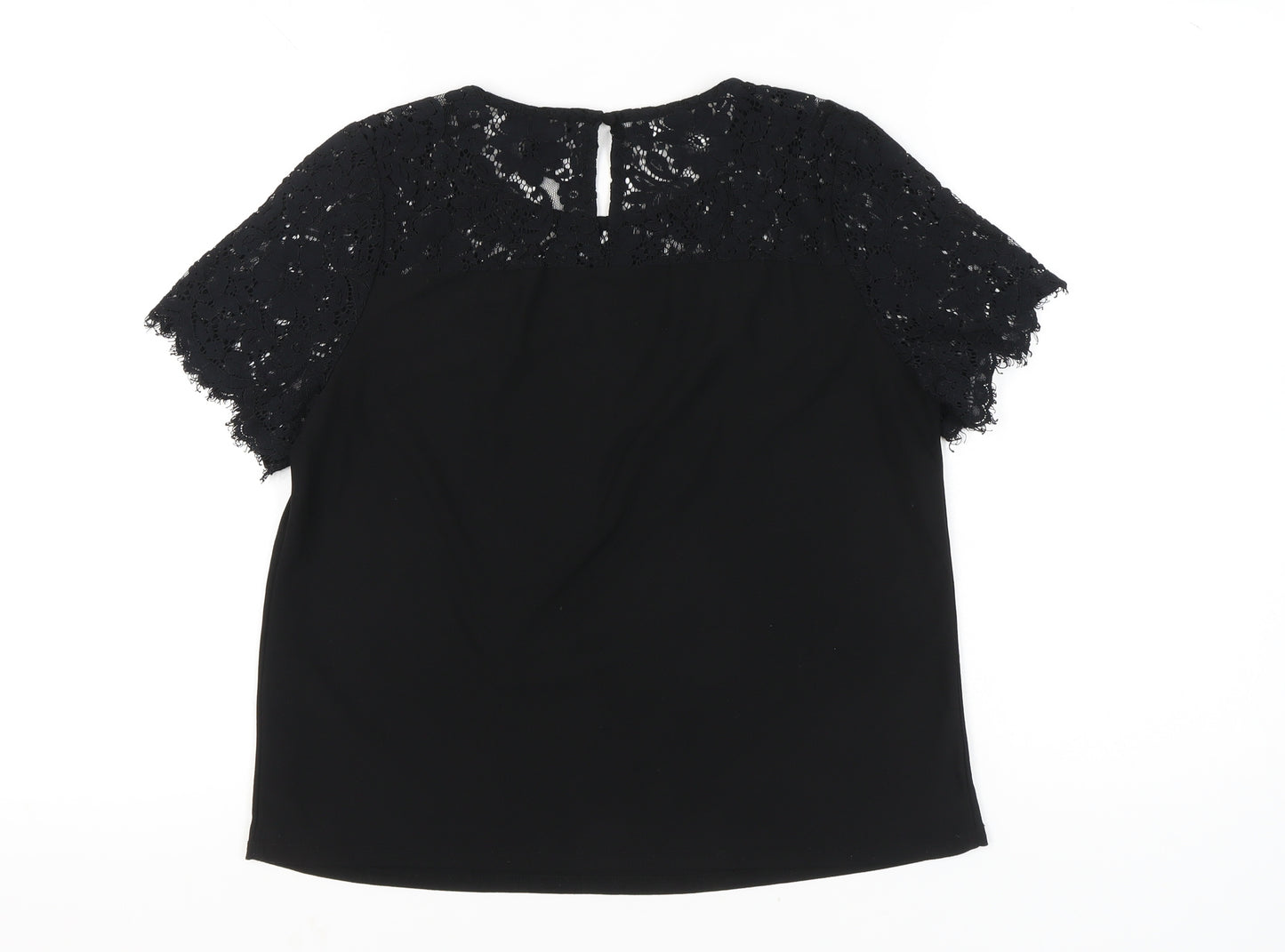 New Look Women Black Lace Tunic Blouse UK 14 Round Neck Short Sleeve