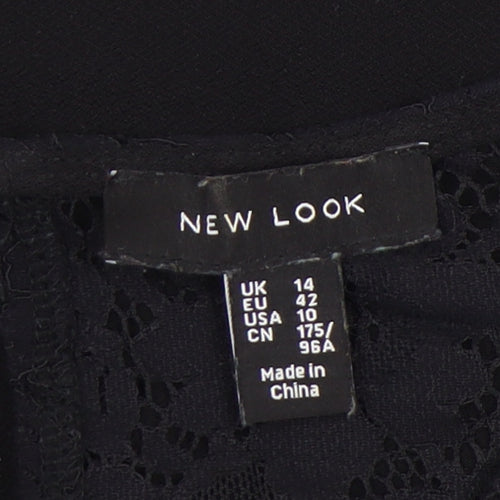 New Look Women Black Lace Tunic Blouse UK 14 Round Neck Short Sleeve