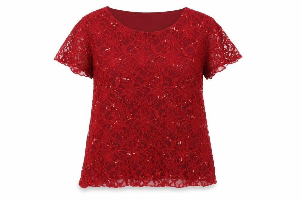 Front view of Nouvelle Collection women’s red sequin lace blouse, size UK 20