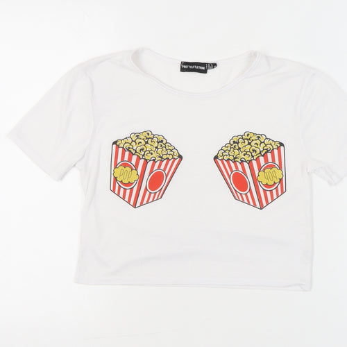 PrettyLittleThing Womens White Size 4 Cropped Popcorn Print T-Shirt