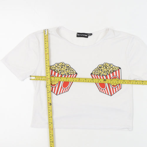 PrettyLittleThing Womens White Size 4 Cropped Popcorn Print T-Shirt