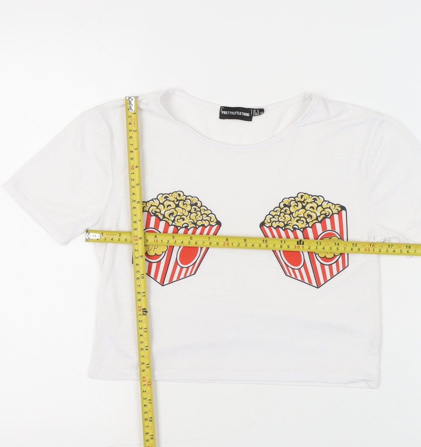 PrettyLittleThing Womens White Size 4 Cropped Popcorn Print T-Shirt