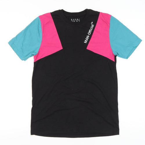 boohooMAN Men’s Colourblock Retro Black Pink Blue T-Shirt Size S