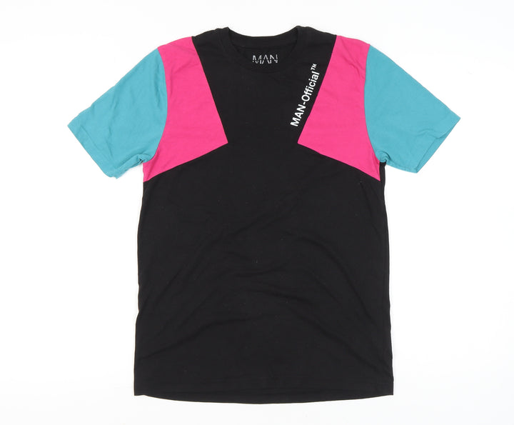 boohooMAN Men’s Colourblock Retro Black Pink Blue T-Shirt Size S