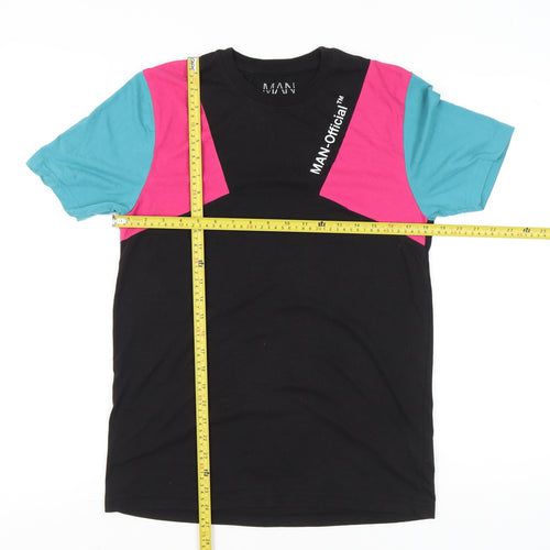 boohooMAN Men’s Colourblock Retro Black Pink Blue T-Shirt Size S