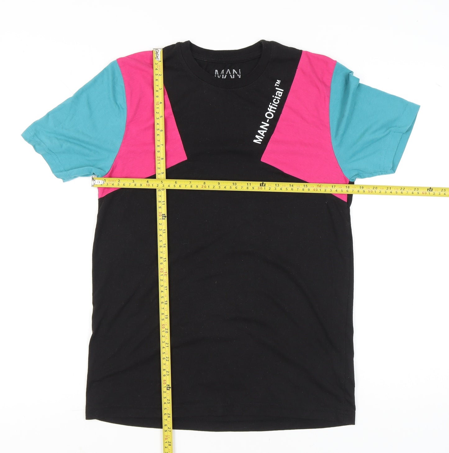 boohooMAN Men’s Colourblock Retro Black Pink Blue T-Shirt Size S