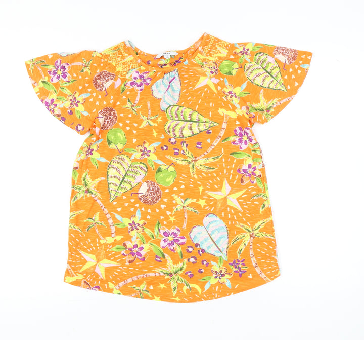 Next Womens Orange Cotton Tropical Print Flutter Sleeve T-Shirt Size 6