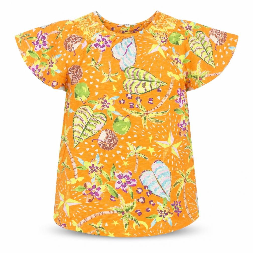 Next Womens Orange Cotton Tropical Print Flutter Sleeve T-Shirt Size 6