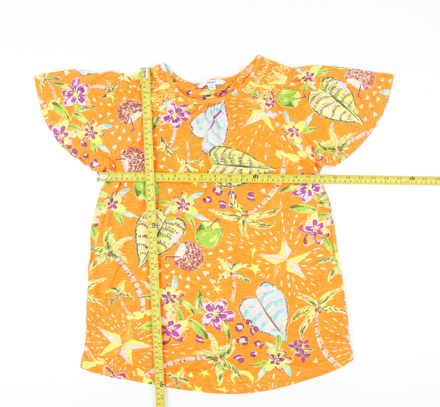 Next Womens Orange Cotton Tropical Print Flutter Sleeve T-Shirt Size 6