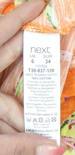 Next Womens Orange Cotton Tropical Print Flutter Sleeve T-Shirt Size 6