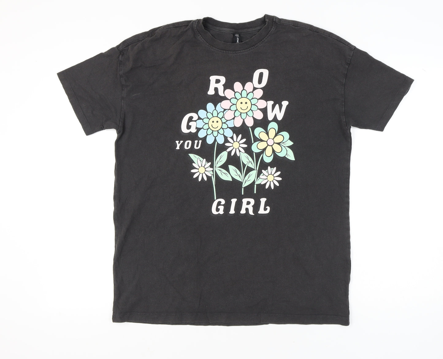 ONLY Women's Black Floral Graphic T-Shirt Size M Casual Crew Neck