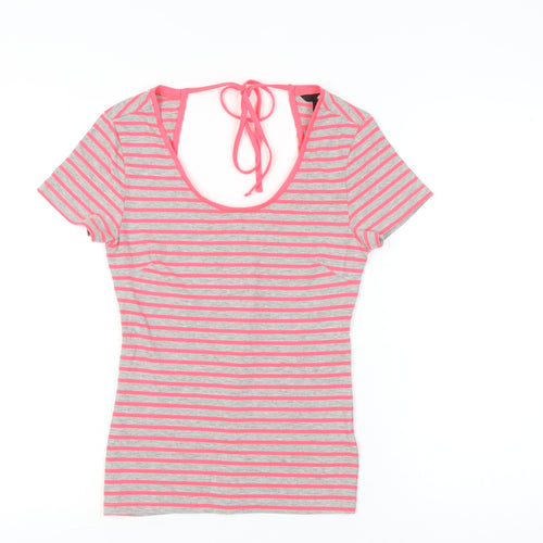 H&M Women’s Grey Pink Striped Slim Fit Scoop Neck T-Shirt Size S