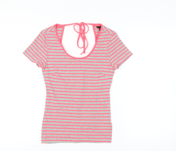 H&M Women’s Grey Pink Striped Slim Fit Scoop Neck T-Shirt Size S