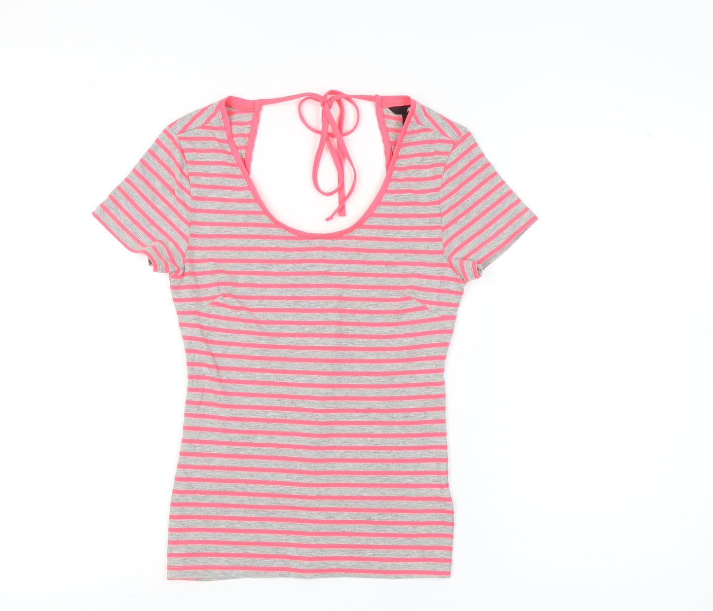 H&M Women’s Grey Pink Striped Slim Fit Scoop Neck T-Shirt Size S