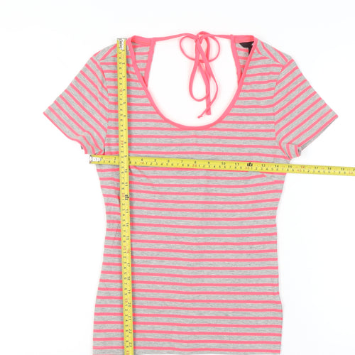 H&M Women’s Grey Pink Striped Slim Fit Scoop Neck T-Shirt Size S